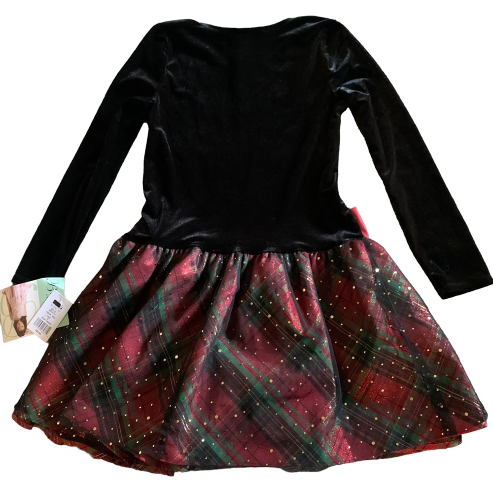 Bonnie Jean Holiday Girls Plaid Taffeta Drop Waist  black velvet Dress Size 16!! - Picture 3 of 7